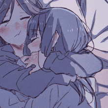 a drawing of a girl hugging another girl with a hoodie on