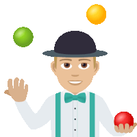 a man in a bowler hat and bow tie juggling three balls