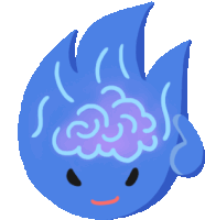 a cartoon drawing of a blue flame with a brain inside