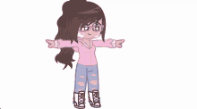 a cartoon girl wearing glasses and a pink shirt is pointing