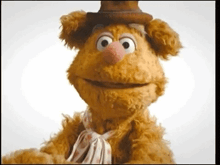 mr. fozzie bear from the muppet show is wearing a hat and tie .