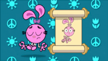a cartoon of a pink bunny holding a scroll with peace signs on it