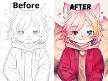 a before and after drawing of a girl with a cat 's head