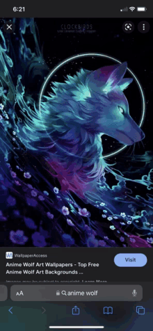 a phone screen shows an anime wolf wallpaper