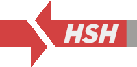 a red and white logo for hsh with an arrow pointing to the right