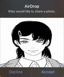 a black and white drawing of a girl with the words airdrop riley would like to share a photo below it