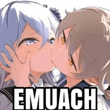 a couple of anime girls kissing each other with the words emuach written on the bottom .