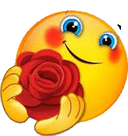 the smiley face is holding a red rose in its hands .