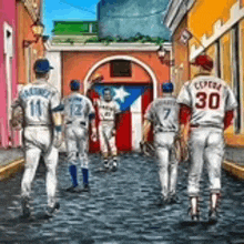 a painting of baseball players walking down a cobblestone street .