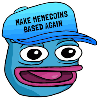 a blue cartoon character wearing a blue hat that says make memecoins based again