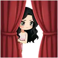 a girl in a pink tank top is peeking out from behind a red curtain