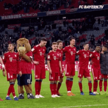 a group of soccer players standing on a field with a mascot in front of a sign that says mainburg