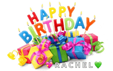 a birthday card for rachel with colorful candles and presents