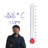 a man with glasses is standing next to a thermometer that reads 86 degrees c