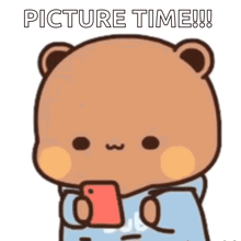 a cartoon bear is hugging another bear with the words picture time written on the bottom