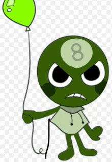 a green cartoon character with the number 8 on his head holding a green balloon