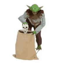 a green goblin is holding a skull and a bag of bones .