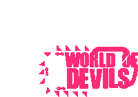 a pink logo for world of devils with triangles on a white background