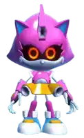 a pink robot from sonic the hedgehog with glowing eyes and a yellow skirt .