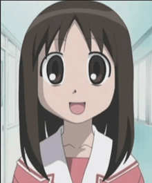 a cartoon girl with brown hair and a white shirt is smiling