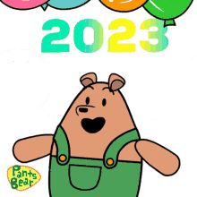 a cartoon of a bear holding balloons with the year 2023 behind him