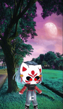 a girl with a cat mask on her face stands in front of a full moon