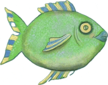 a drawing of a green fish with a blue tail