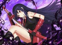 a girl with long black hair is holding a red sword that says samurai on it