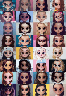 a collage of dolls with big eyes and glasses