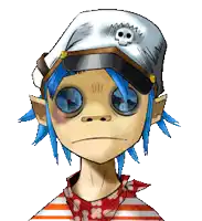 a cartoon character with blue hair wearing a pirate hat with a skull on it