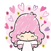 a drawing of a girl with pink hair surrounded by hearts