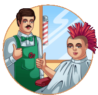 a cartoon of a barber giving a thumbs up next to a mohawked man