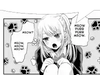 a black and white drawing of a girl saying meow
