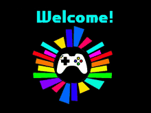 a video game controller is surrounded by rainbow colored rays and the words welcome