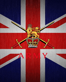 a british flag with a lion and crossed swords and the word army in red