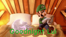 a cartoon of luigi sitting on a bed with the words goodnight lui written below him