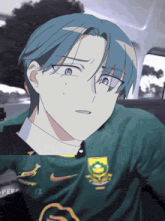 a drawing of a boy with blue hair and a green shirt that says nike on it