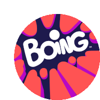 a boing logo with a purple and red circle