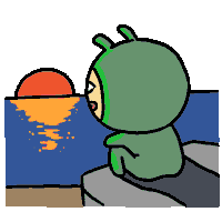 a cartoon character is sitting on a rock looking at the sunset over the ocean