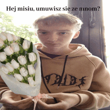 a boy holding a bouquet of white roses with the words hej misiu , umuwisz sie ze mnom written above him