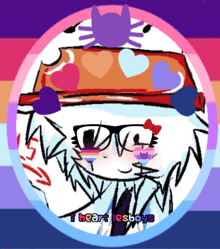 a drawing of a person with glasses and a hat with the words i heart lesboys below it