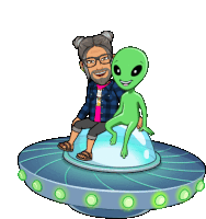 a cartoon of a man and a green alien sitting on a saucer