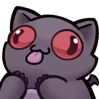 a cartoon drawing of a cat with red eyes sticking its tongue out
