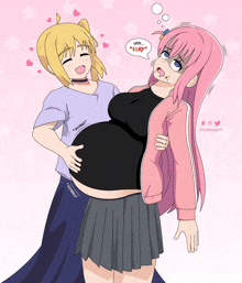 a cartoon of a girl holding another girl 's belly with a speech bubble that says uhh