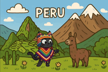 an illustration of a cat and a llama with the word peru above them