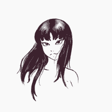 a black and white drawing of a woman with long black hair