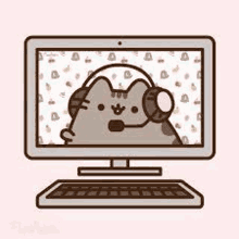 a cartoon cat wearing headphones is sitting in front of a computer screen .