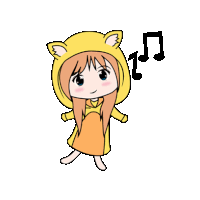 a cartoon girl wearing a yellow hoodie with cat ears is standing next to a music note .