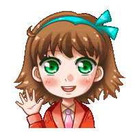 a cartoon girl with brown hair and green eyes is waving