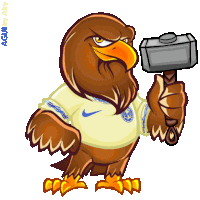 a cartoon of an eagle holding a hammer by a guy named aqui